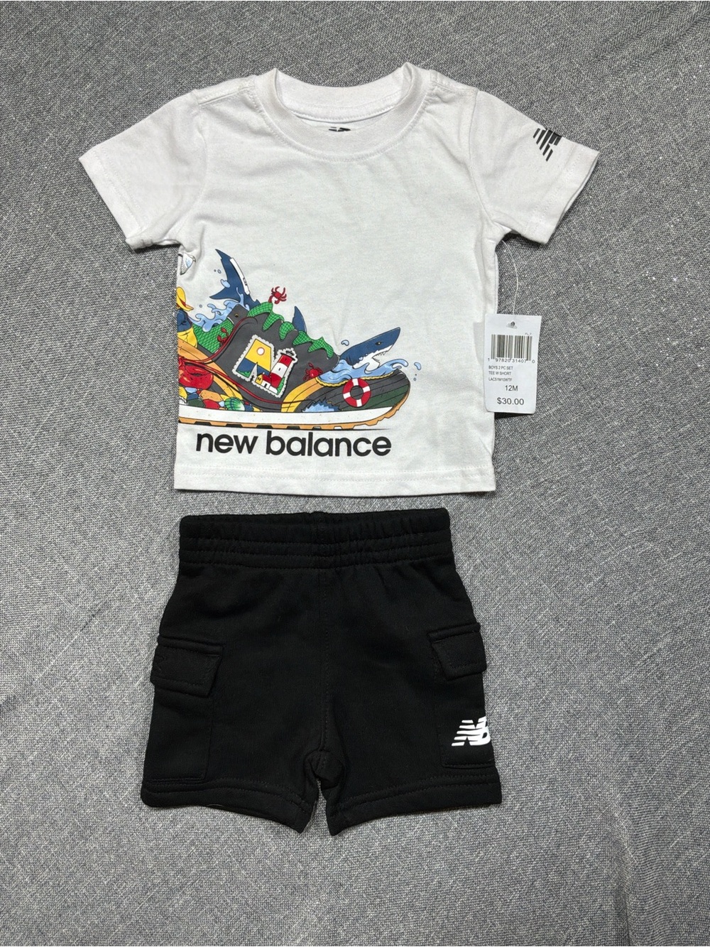 New Balance White Tee and Black Shorts Kids Matching Set - Multicolor Graphic